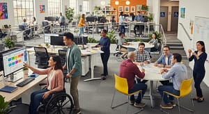 profissionais com e sem deficiência em um ambiente colaborativo e acolhedor